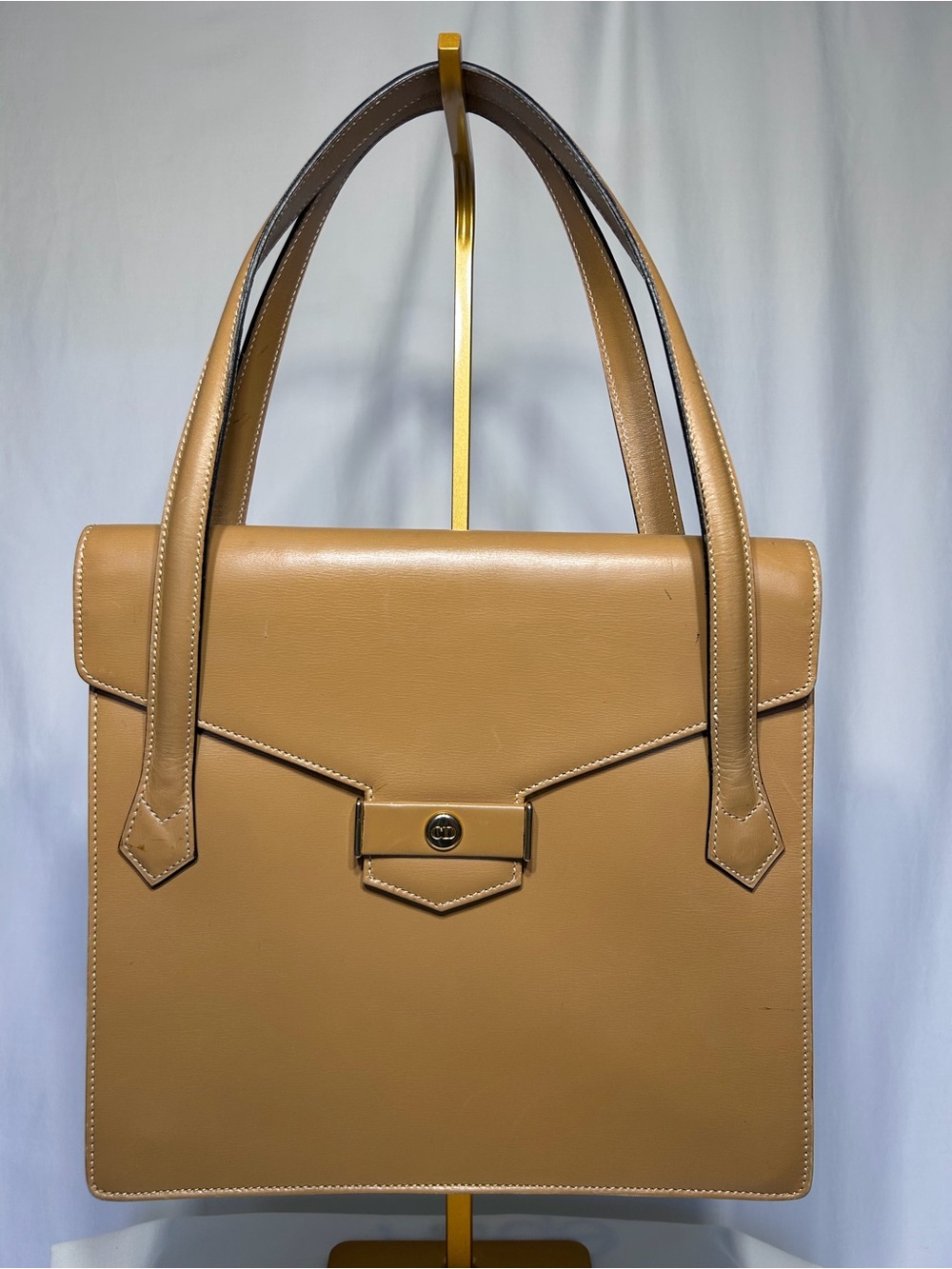 Christian Dior Structured Tan Leather Tote Bag with Top Handles and CD clasp